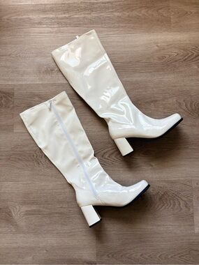 White Faux Leather Mid-Calf Block Heel Boots